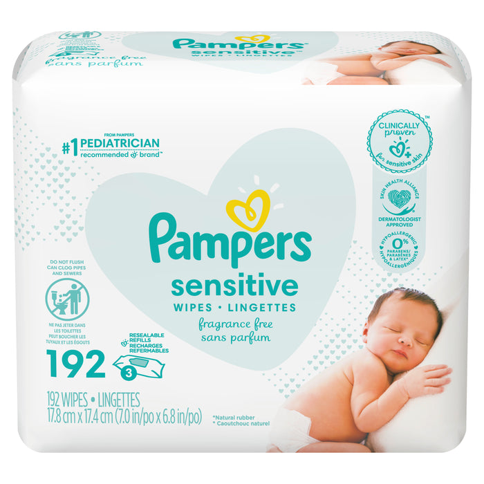 Pampers Baby Wipes, Sensitive, Perfume Free, 3X Refill Packs, 192 Ct