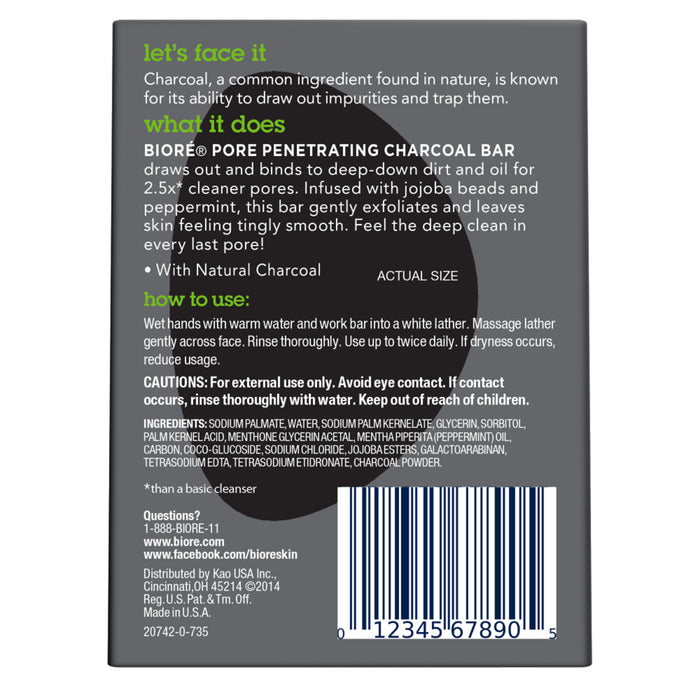 Biore Pore Penetrating Charcoal Bar for Gentle Exfoliation, Normal to Oily Skin, 3.77 Oz