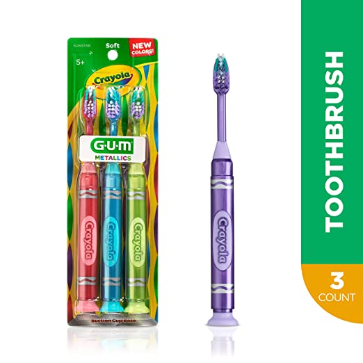 GUM Crayola Kids' Metallic Marker Toothbrush, Soft, Ages 5+, Assorted Colors, 3 Count