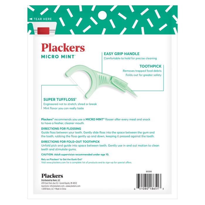 Plackers Micro Mint Dental Flossers, Fold-Out Toothpick, Super Tuffloss, Easy Storage with Sure-Zip Seal, Fresh Mint Flavor, 150 Count