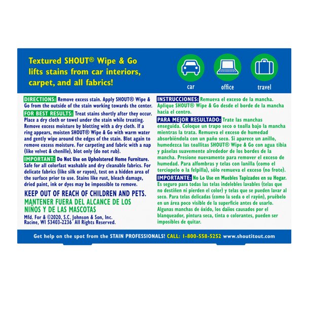 Shout Wipe & Go, Instant Stain Remover, 12 Wipes